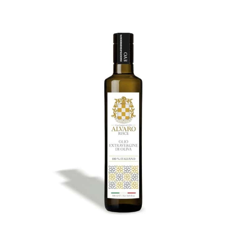 Olio extravergine di oliva in bottiglia da 500 ml, prodotto da Alvaro di Riace.